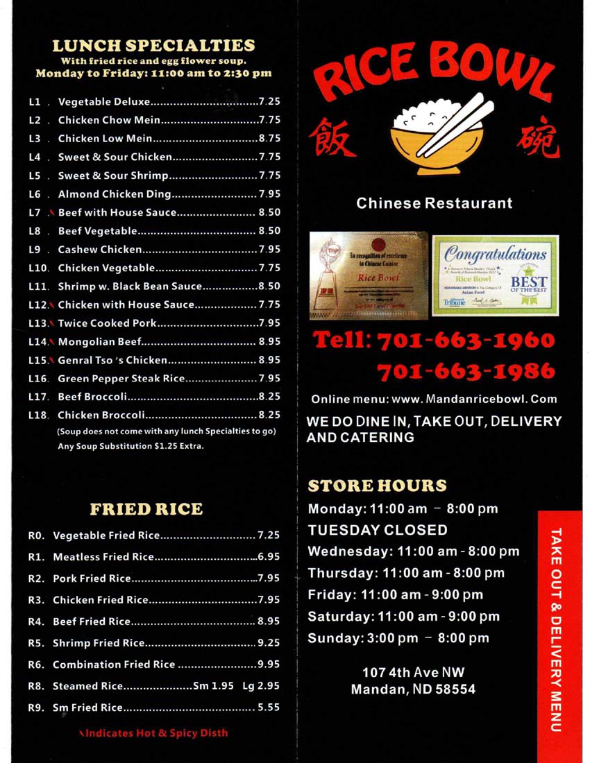Menu Rice Bowl Chinese Restaurant